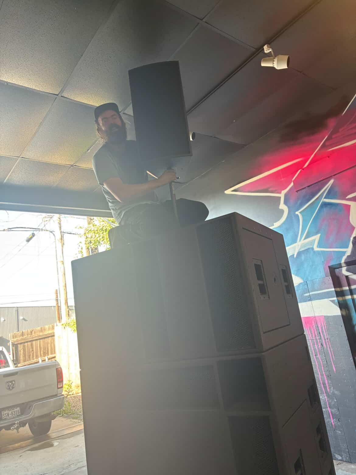 Sound system setup inside the venue